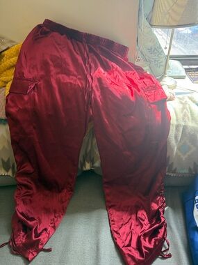 Say Anything Satin Cargo Joggers in Rich Maroon